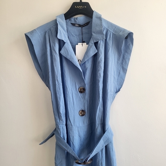 New Zara Soft Belted Blue Jumpsuit NWT Size Small - Picture 6 of 12